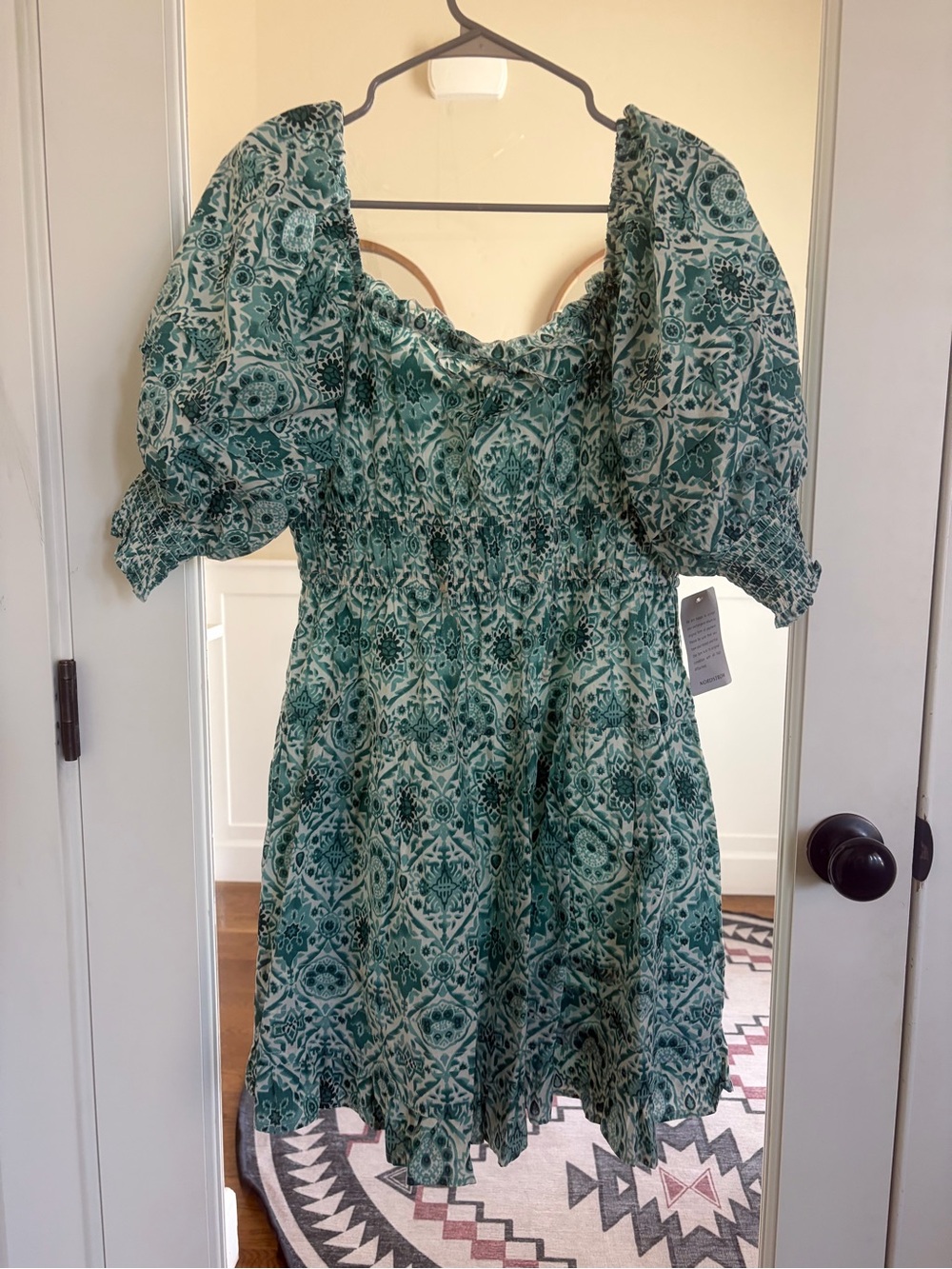 Green Printed Smocked Mini Dress with Puff Sleeves